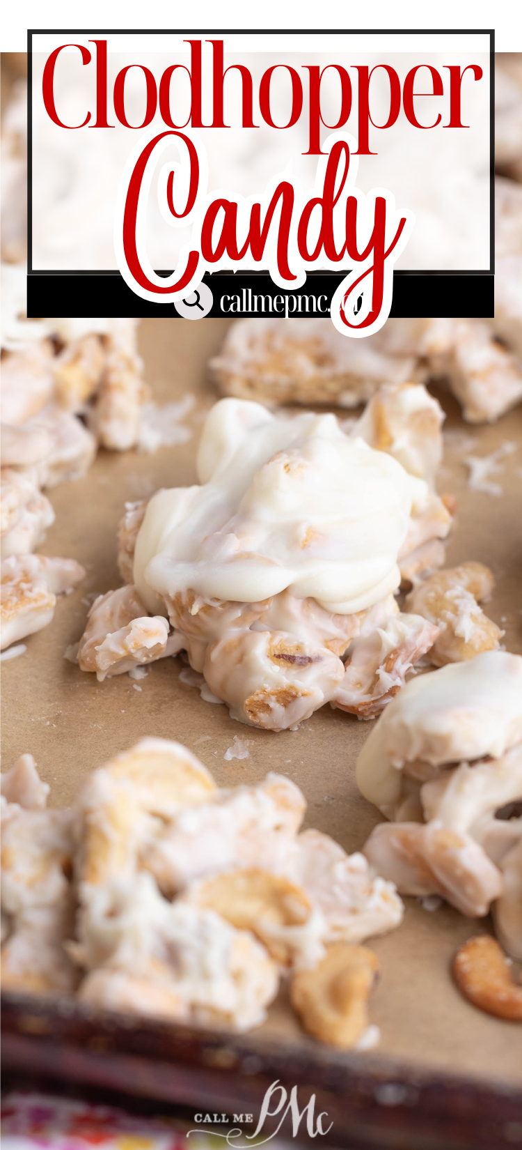 Clusters of Clodhopper Candy, made with white chocolate and cereal, are arranged on a parchment-lined baking sheet to cool.