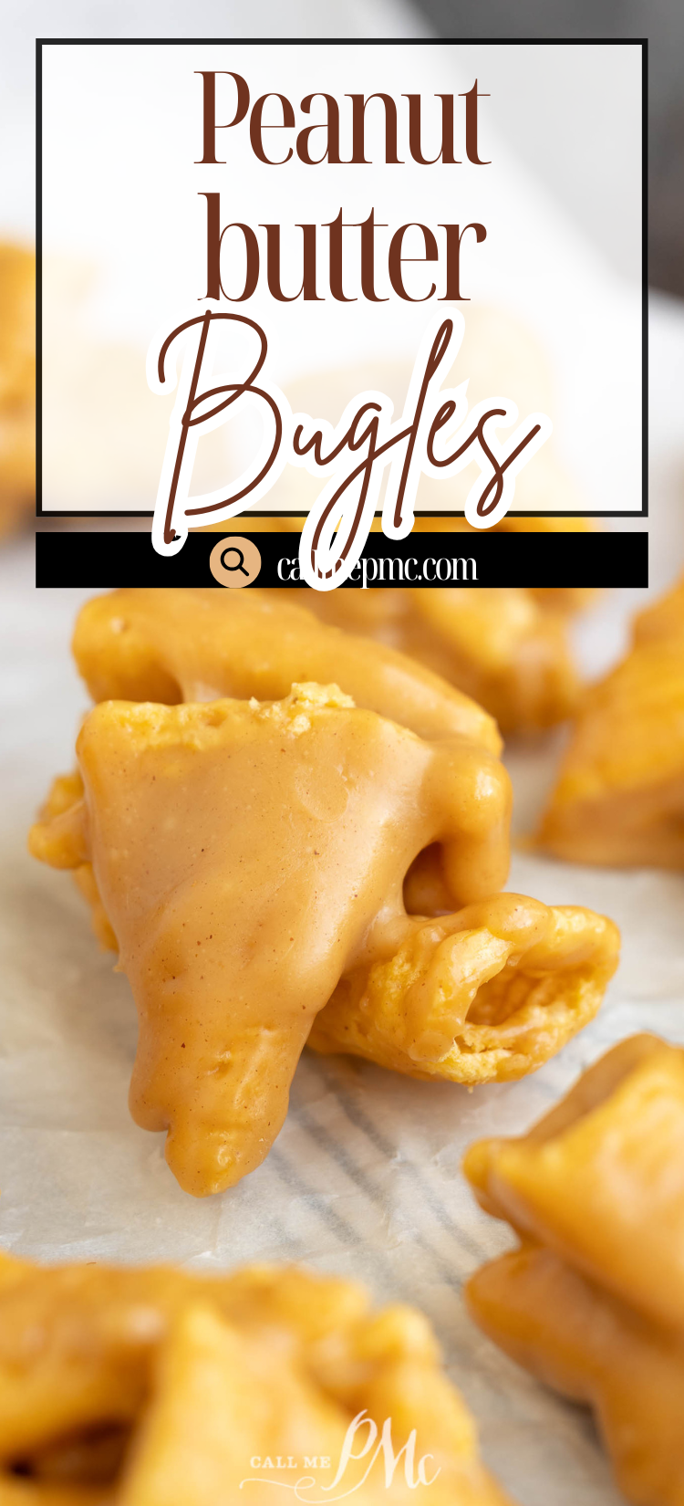 Close-up of peanut bugle snacks coated in peanut butter on parchment paper; text overlay reads "Peanut butter Bugles.