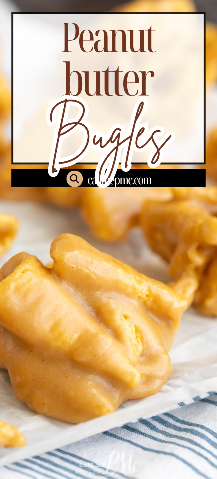 Close-up of peanut bugle snacks coated in creamy peanut butter, arranged on parchment paper with a recipe title overlay that reads "Peanut Butter Bugles.