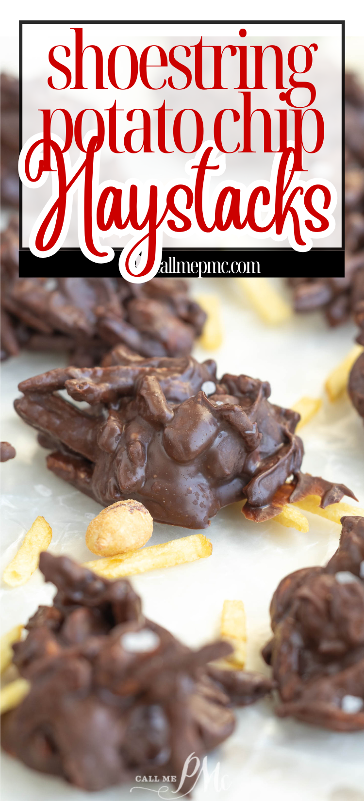 Chocolate-covered shoestring potato chip haystacks with peanuts are arranged on parchment paper.