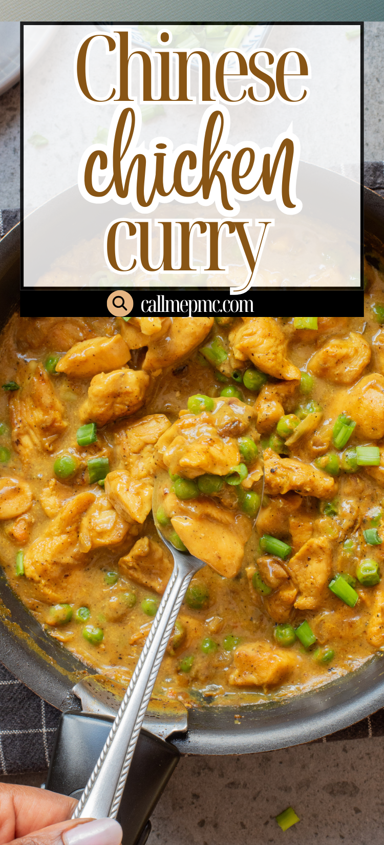 A pan of Chinese chicken curry garnished with chopped green onions, with a spoon serving a portion.