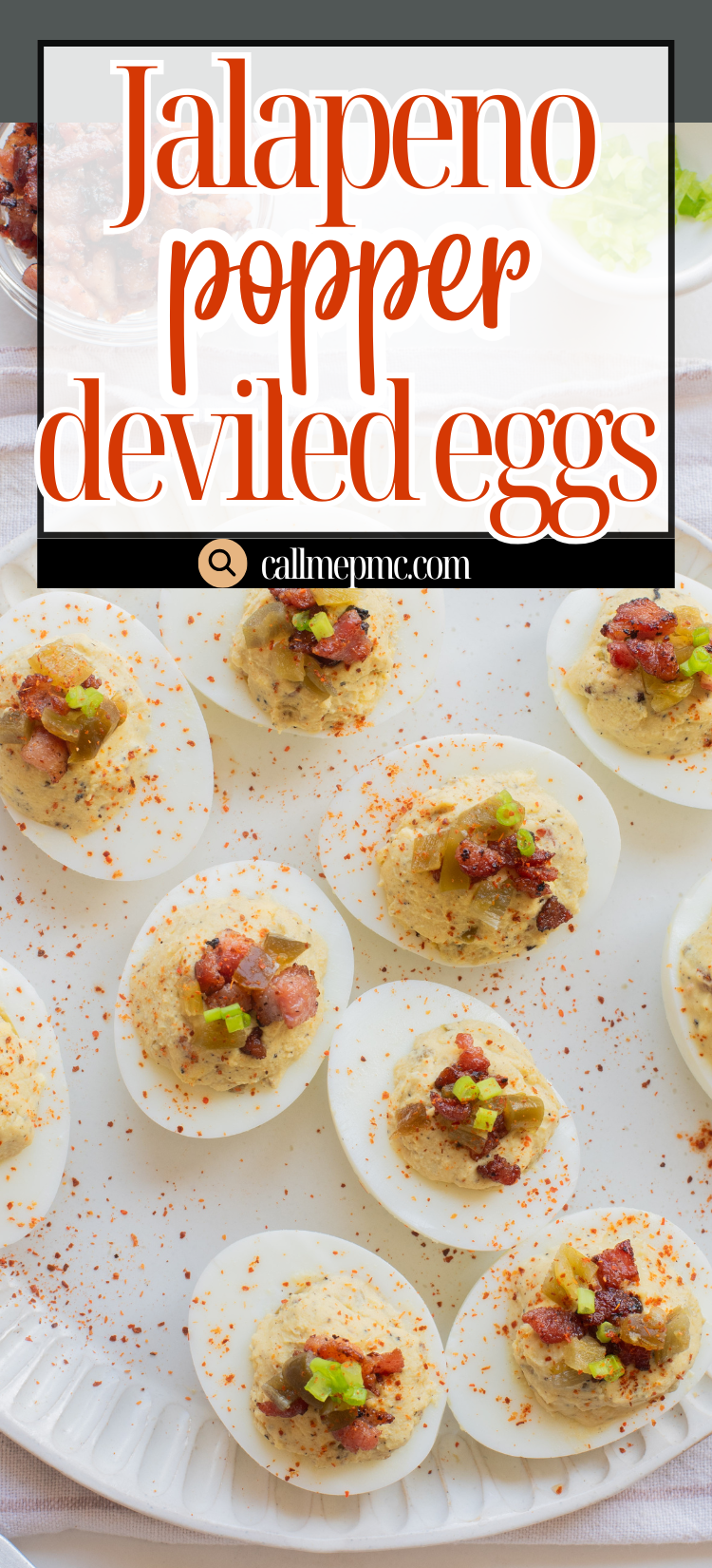 A plate of Jalapeno Popper Deviled Eggs, topped with crispy bacon bits and diced jalapenos, offers a spicy twist on the classic appetizer.