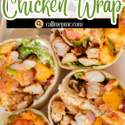 A close-up of a Mango Salsa Jerk Chicken Wrap, with sliced wraps filled with jerk chicken, mango salsa, and lettuce, arranged on a white plate.