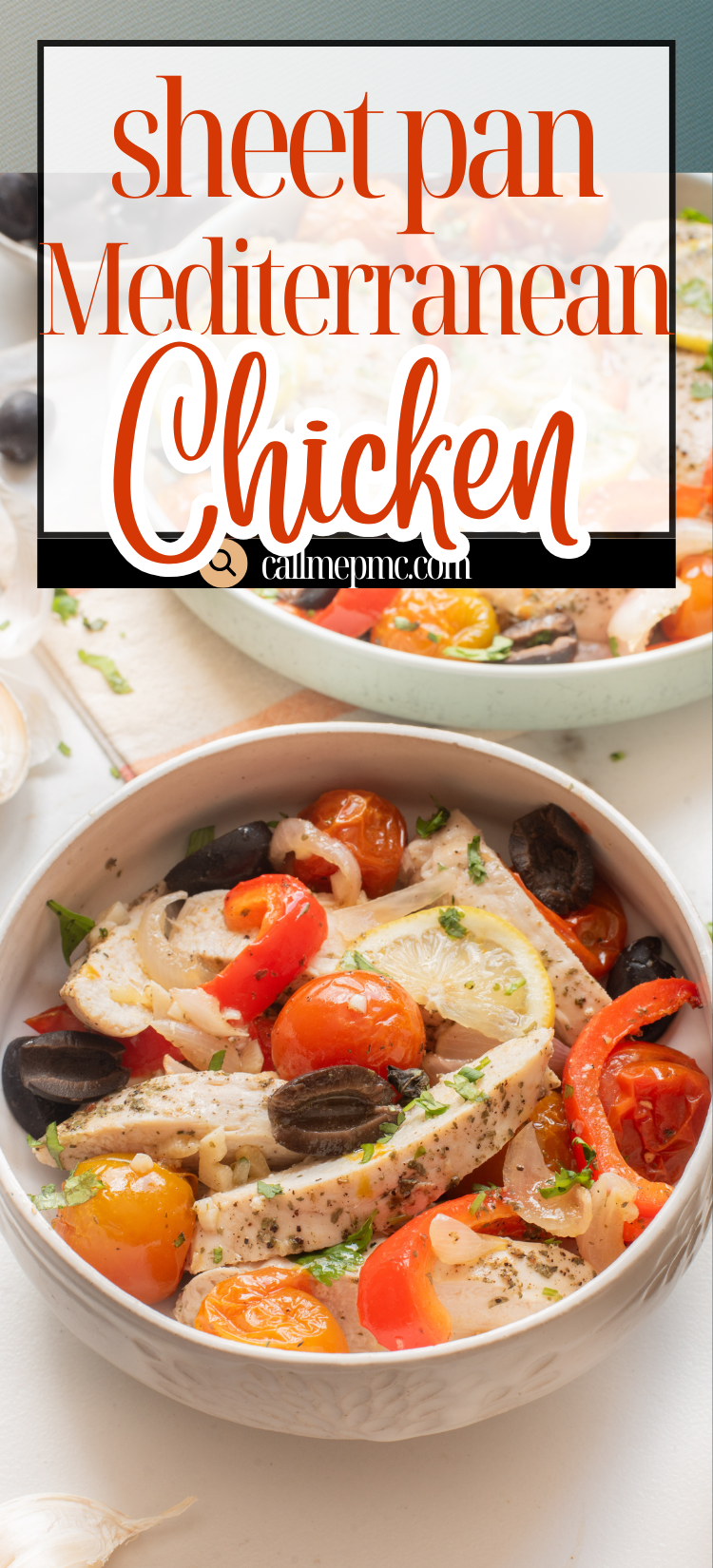 Bowl of sheet pan Mediterranean chicken with tomatoes, olives, onions, and herbs, with a larger serving dish in the background.