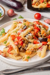 A plate of penne pasta mixed with diced eggplant, tomatoes, red peppers, and herbs, topped with grated cheese.