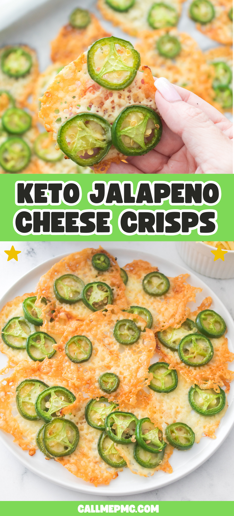 A plate of Keto Jalapeno Cheese Crisps topped with sliced jalapeños, with one crisp held up for display. Text overlay reads "Keto Jalapeno Cheese Crisps.