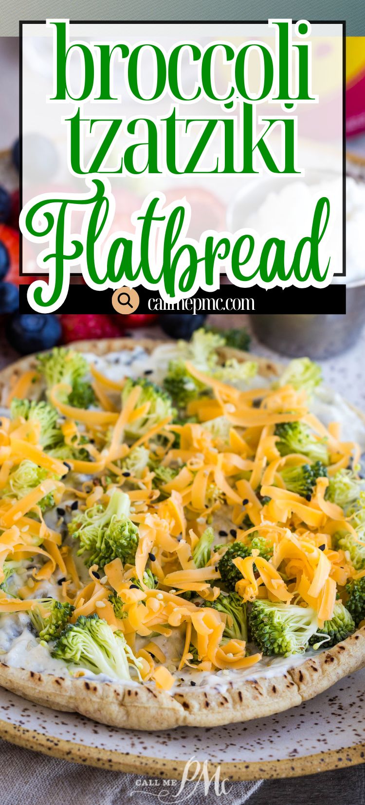 A flatbread topped with broccoli florets, shredded cheddar cheese, and a white sauce, served on a plate.