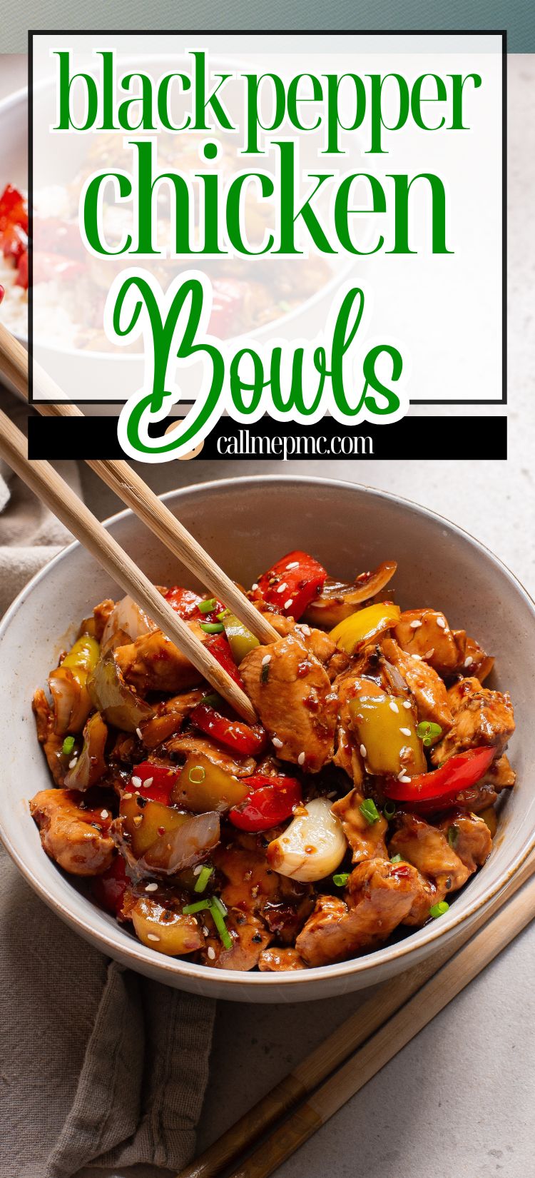 A Black Pepper Chicken Bowl filled with bell peppers and onions, garnished with sesame seeds and chives. Chopsticks rest on the bowl, with the recipe title displayed above.