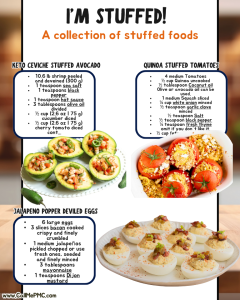 A recipe infographic titled "I’m Stuffed! A collection of stuffed foods" featuring keto ceviche stuffed avocado, quinoa stuffed tomatoes, and jalapeño popper deviled eggs with ingredient lists and photos.