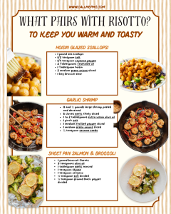 A recipe guide titled "What Pairs With Risotto?" features ingredients and photos for hoisin glazed scallops, garlic shrimp, and sheet pan salmon with broccoli.