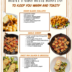 A recipe guide titled "What Pairs With Risotto?" features ingredients and photos for hoisin glazed scallops, garlic shrimp, and sheet pan salmon with broccoli.