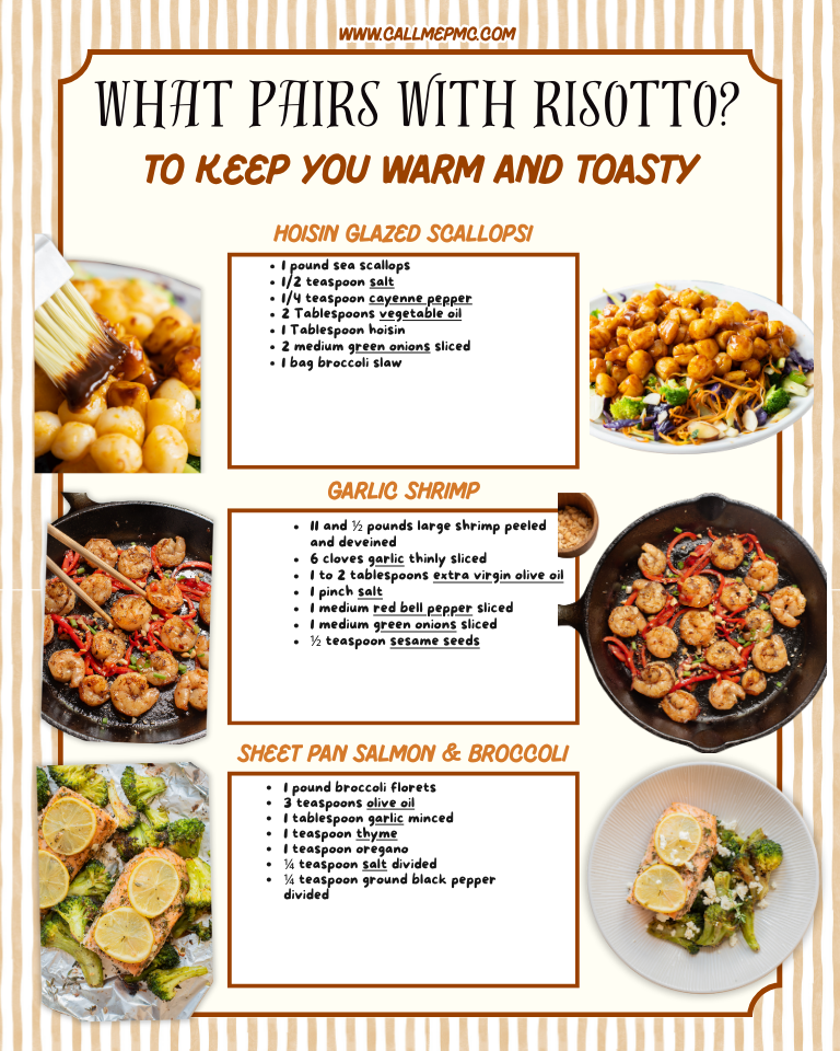 A recipe guide titled "What Pairs With Risotto?" features ingredients and photos for hoisin glazed scallops, garlic shrimp, and sheet pan salmon with broccoli.