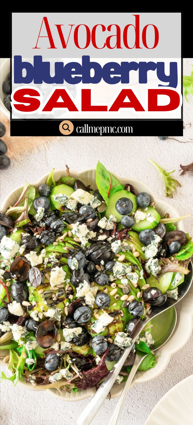 Bowl of green salad with avocado, blueberries, crumbled cheese, and a fork; recipe title "Avocado Blueberry Arugula Salad" at the top.