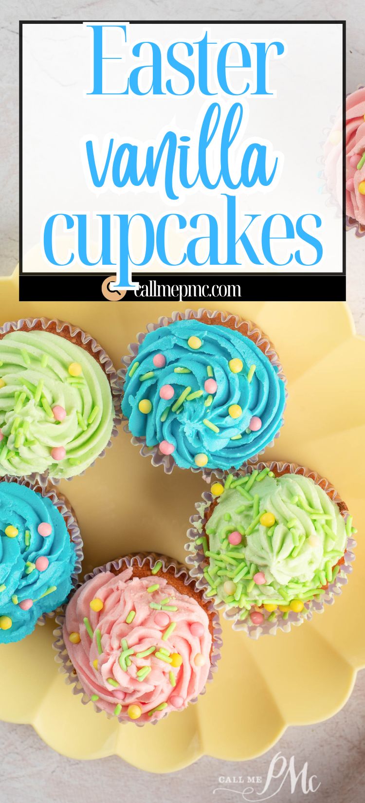 Five cupcakes with pastel-colored frosting and sprinkles on a yellow plate, labeled “Easter vanilla cupcakes.”.