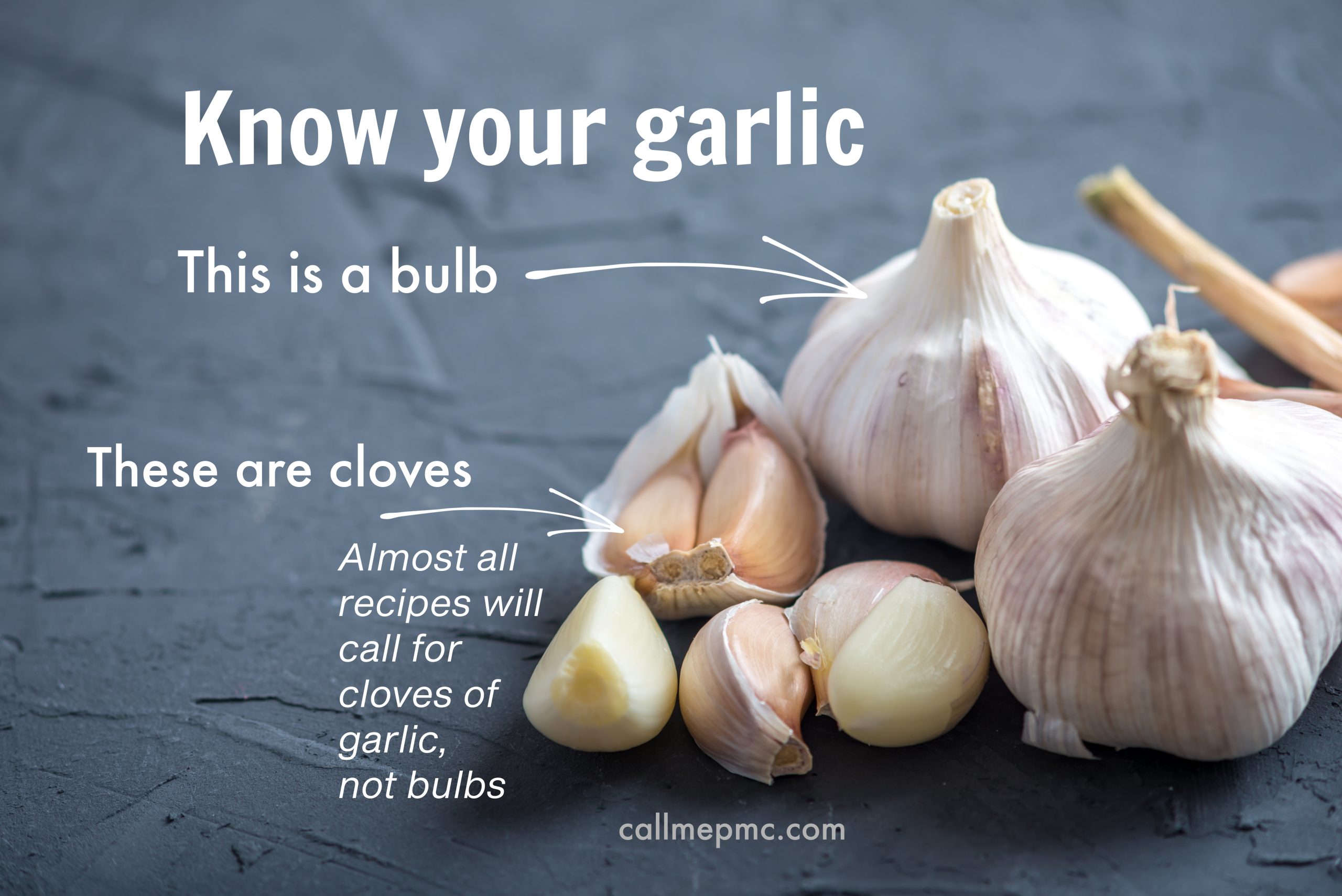 A photo showing whole garlic bulbs and separated garlic cloves, with text explaining the difference between bulbs and cloves, perfect for recipes like Sheet Pan Bell Pepper Chicken.