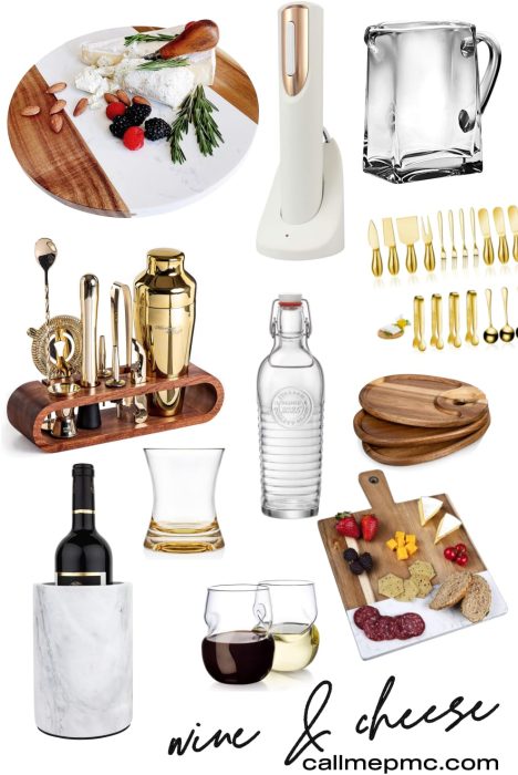 A variety of wine and cheese accessories including a cheeseboard, wine opener, glassware, bar tools set to make cocktails at home, cheese knives, serving boards, and a wine bottle in a marble cooler.