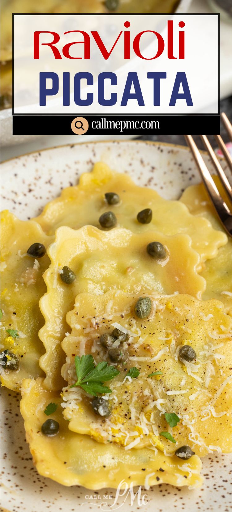 Plate of ravioli piccata topped with capers, grated cheese, and parsley, served on a speckled white dish with a fork.