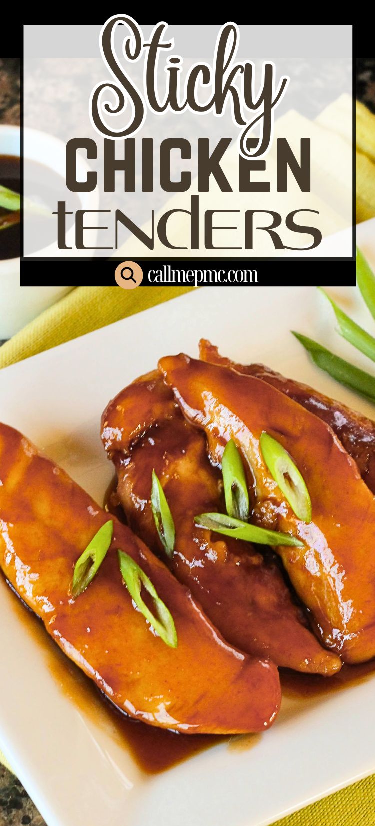 Three Sticky Chicken Tenders glazed to perfection and topped with sliced green onions are served on a white plate, with a yellow napkin underneath.