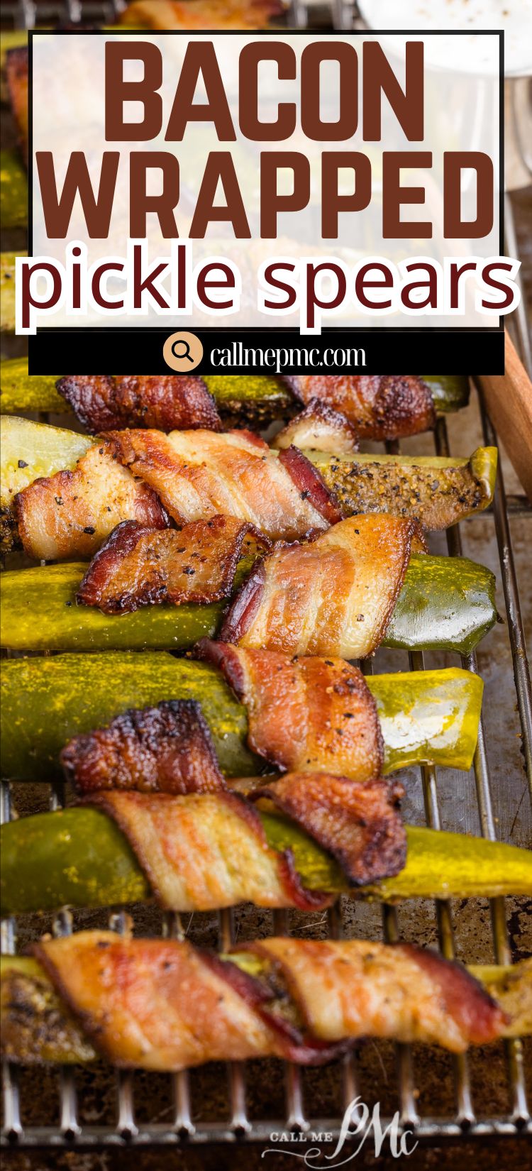 Bacon wrapped pickle spears are arranged on a metal rack, ready for baking or serving.