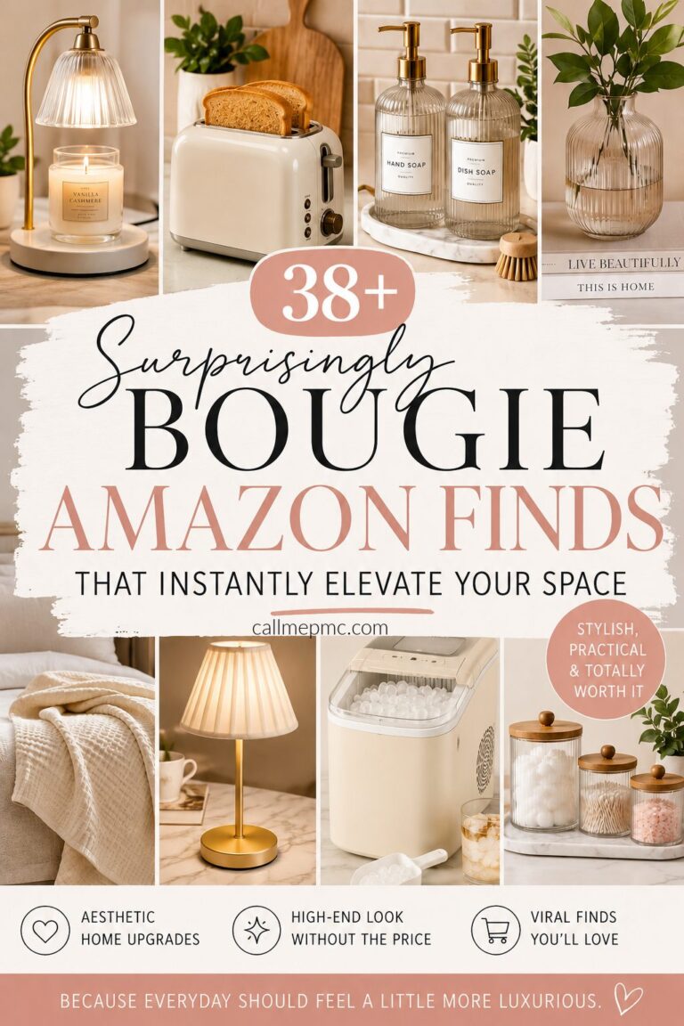 Collage of chic home decor items, including glass soap dispensers, a gold lamp, decorative tray, storage bin, greenery, and cozy accents. Text highlights “38+ Bougie Amazon Finds” to elevate your space stylishly.