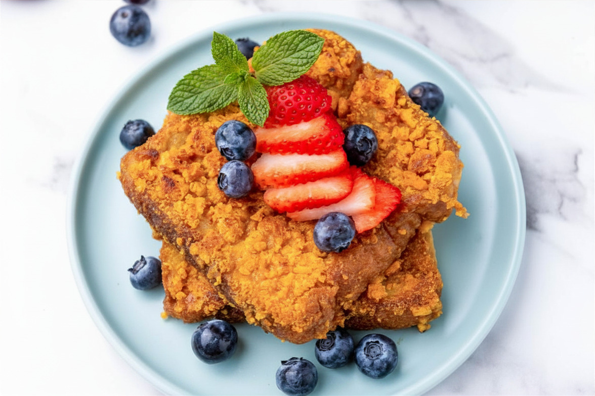 Two slices of crunchy French toast on a light blue plate, topped with fresh strawberry slices, blueberries, and a sprig of mint, with extra blueberries scattered around.