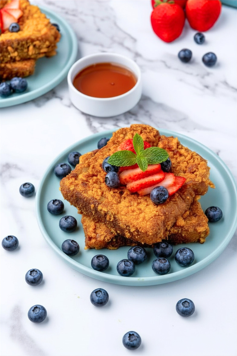 Two slices of Cap'n Crunch French Toast topped with sliced strawberries, blueberries, and a mint sprig on a blue plate. Extra blueberries are scattered around, with a cup of syrup and strawberries in the background on a marble surface.