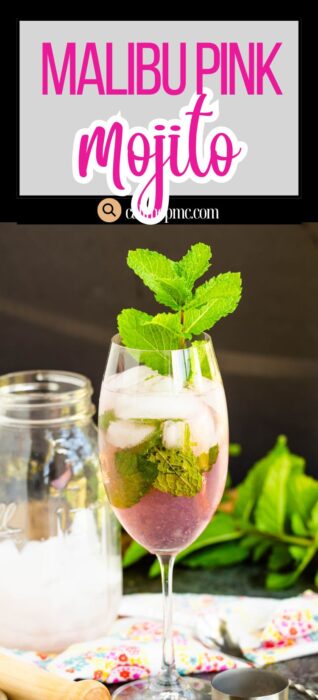 A glass of Tropical pink cocktail with mint with ice, mint leaves, and a pink hue sits on a floral napkin next to a jar of ice and fresh mint leaves. The text above reads "Malibu Pink Mojito" in bold pink and white letters.