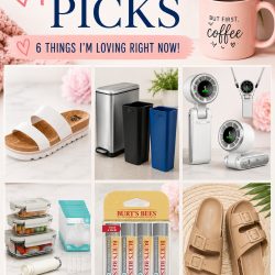 A collage for Paula's Picks 5 featuring a pink "But First, Coffee" mug, white and tan sandals, trash cans, a camera gimbal, refrigerator organizers, Burt's Bees lip balm, and tan slide sandals.