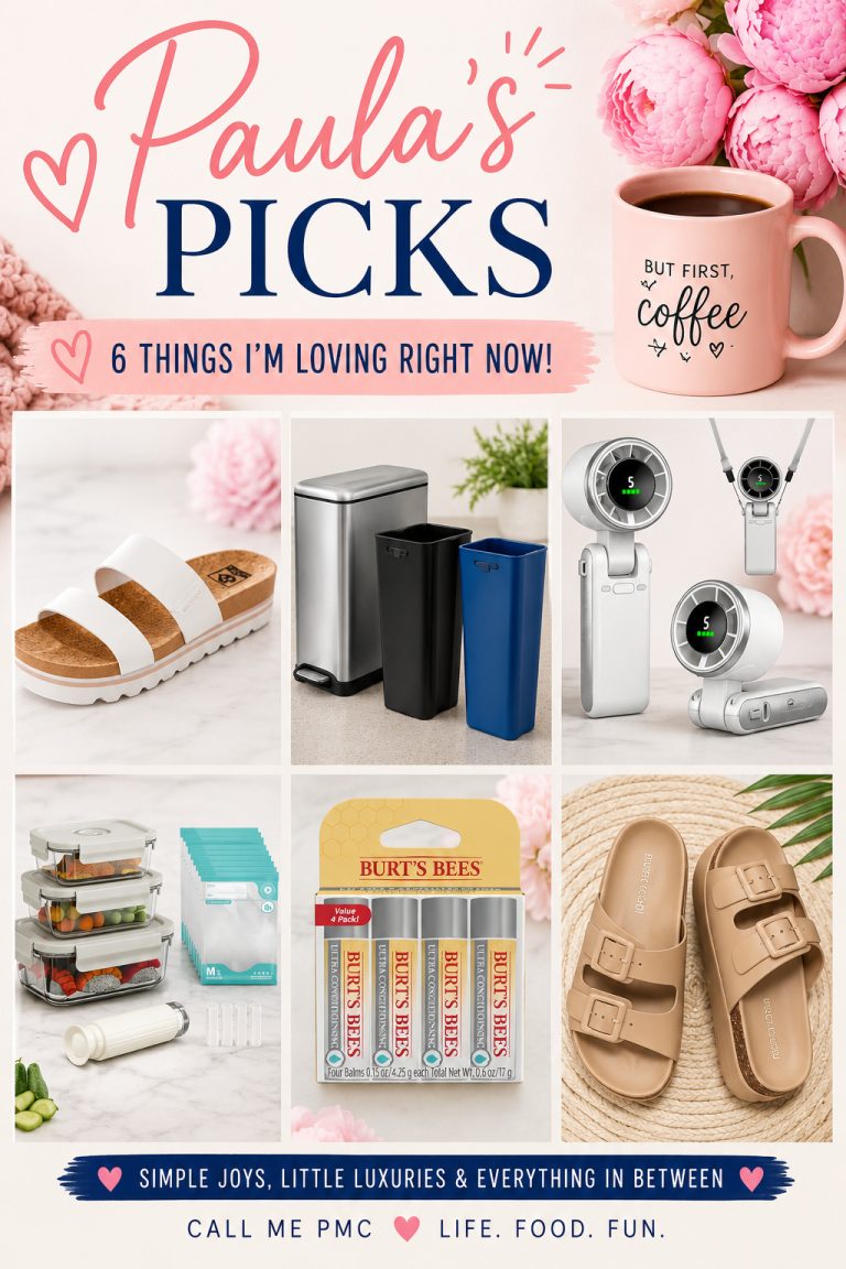 A collage for Paula's Picks 5 featuring a pink "But First, Coffee" mug, white and tan sandals, trash cans, a camera gimbal, refrigerator organizers, Burt's Bees lip balm, and tan slide sandals.
