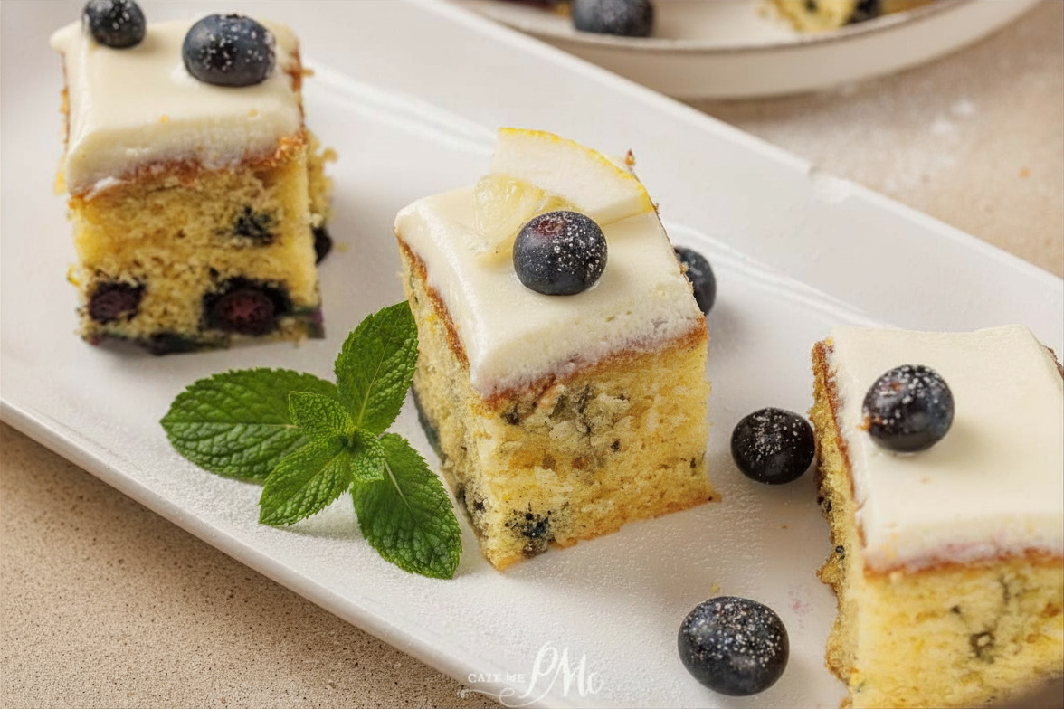 Three pieces of Lemon Blueberry Cake with white icing, garnished with blueberries and a lemon slice, are arranged on a white plate with a sprig of fresh mint.