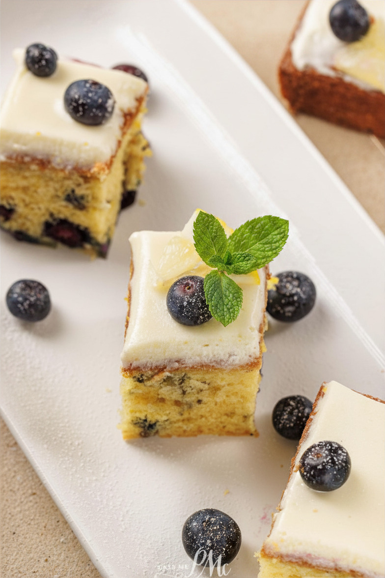 Three pieces of spring dessert recipe with white frosting are garnished with fresh blueberries and a mint sprig, served on a white rectangular plate.