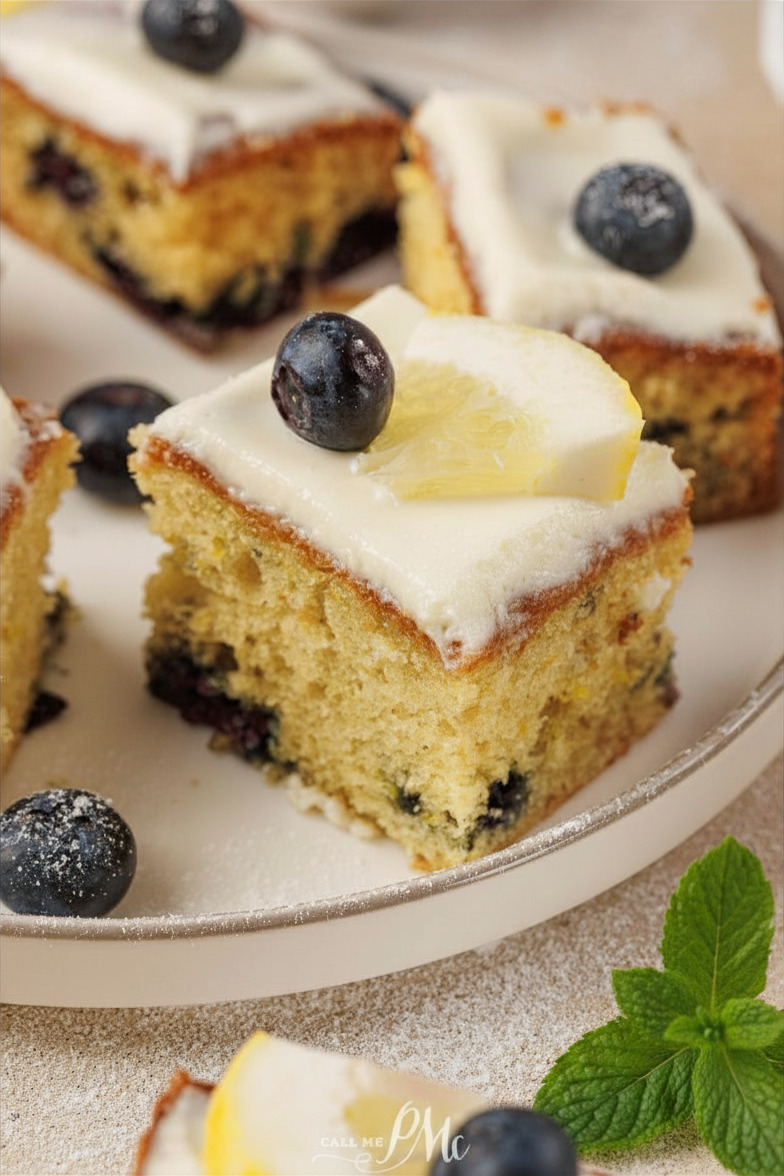 A slice of Lemon Blueberry Cake topped with white icing, a fresh blueberry, and a lemon slice sits on a plate, with more cake pieces in the background.