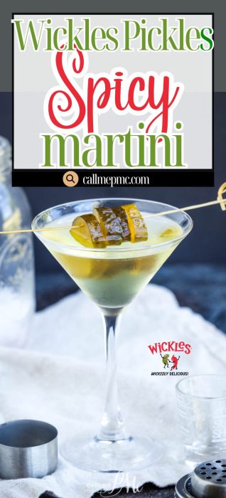 A martini garnished with pickle slices on a skewer sits on a table; text overlay reads "Wickles Pickles Spicy Martini" and features the Wickles logo.