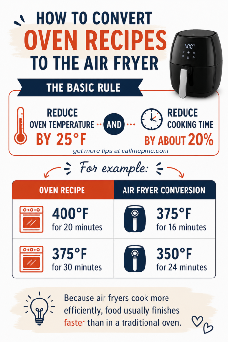Infographic showing how to convert oven recipes to air fryer: lower temp by 25°F, cook 20% less time, with example conversions and a note on faster cooking.