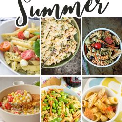 A collage of vibrant Pasta Salad Recipes in bowls, featuring fresh tomatoes, cheese, and herbs, with the text “13+ Pasta Salad Recipes You’ll Cook All Summer.”.
