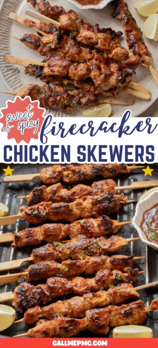 Sweet and spicy Firecracker Chicken Skewers on wooden sticks, arranged on plates and a grill rack, served with tangy dipping sauce and fresh herbs. Text overlay reads "Firecracker Chicken Skewers.