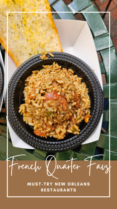 A bowl of jambalaya with sausage and vegetables sits next to a piece of garlic bread on a green table. Text reads: "French Quarter Favs: Must-Try New Orleans Restaurants.