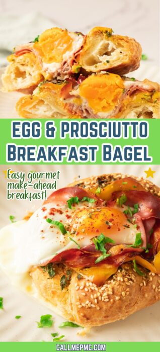 A flaky pastry square topped with prosciutto, a poached egg, melted cheese, and chopped parsley, served on a white plate—this dish brings the flavors of a bagel with egg prosciutto and garlic butter to your breakfast table.