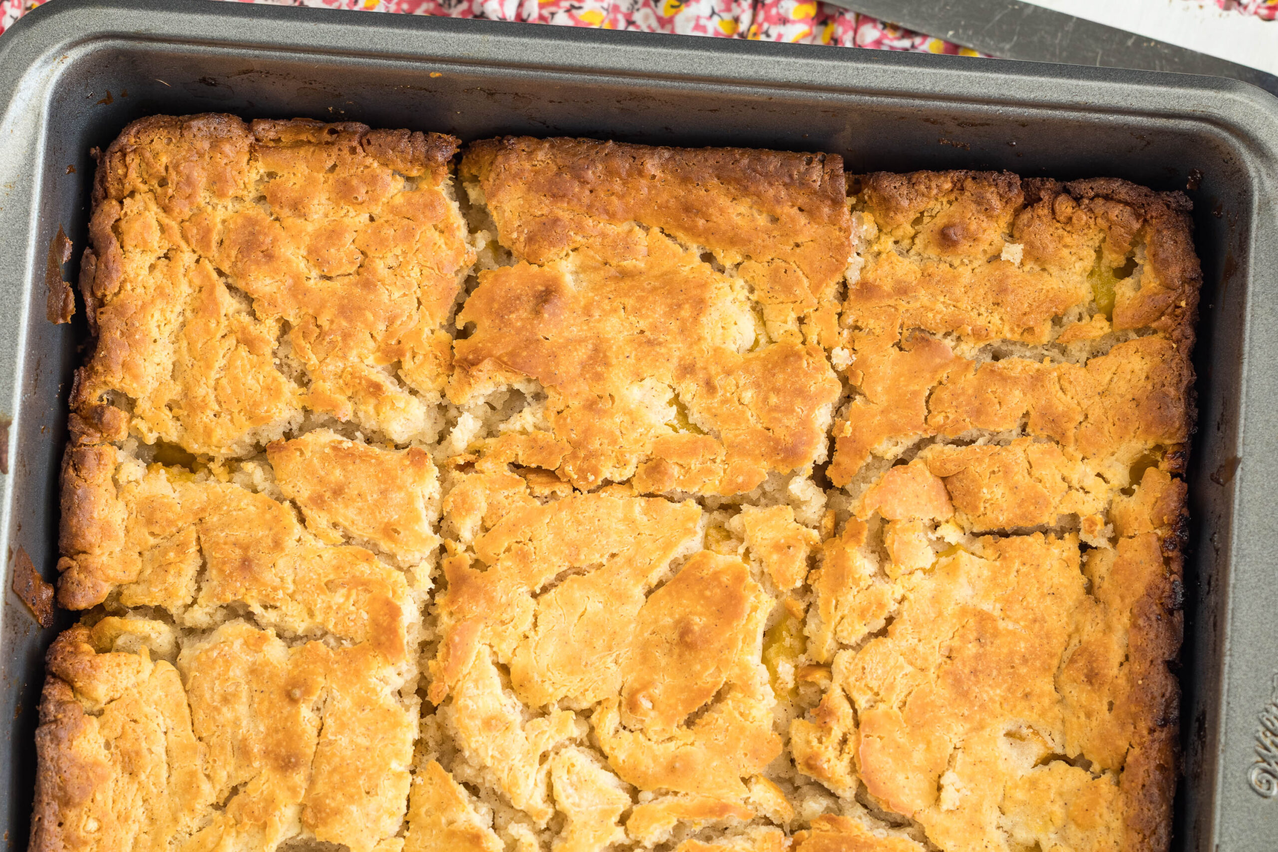 Golden brown cobbler with a cracked, crumbly crust in a rectangular baking pan, divided into square portions—perfect for pairing with homemade Peach Butter Swim Biscuits.