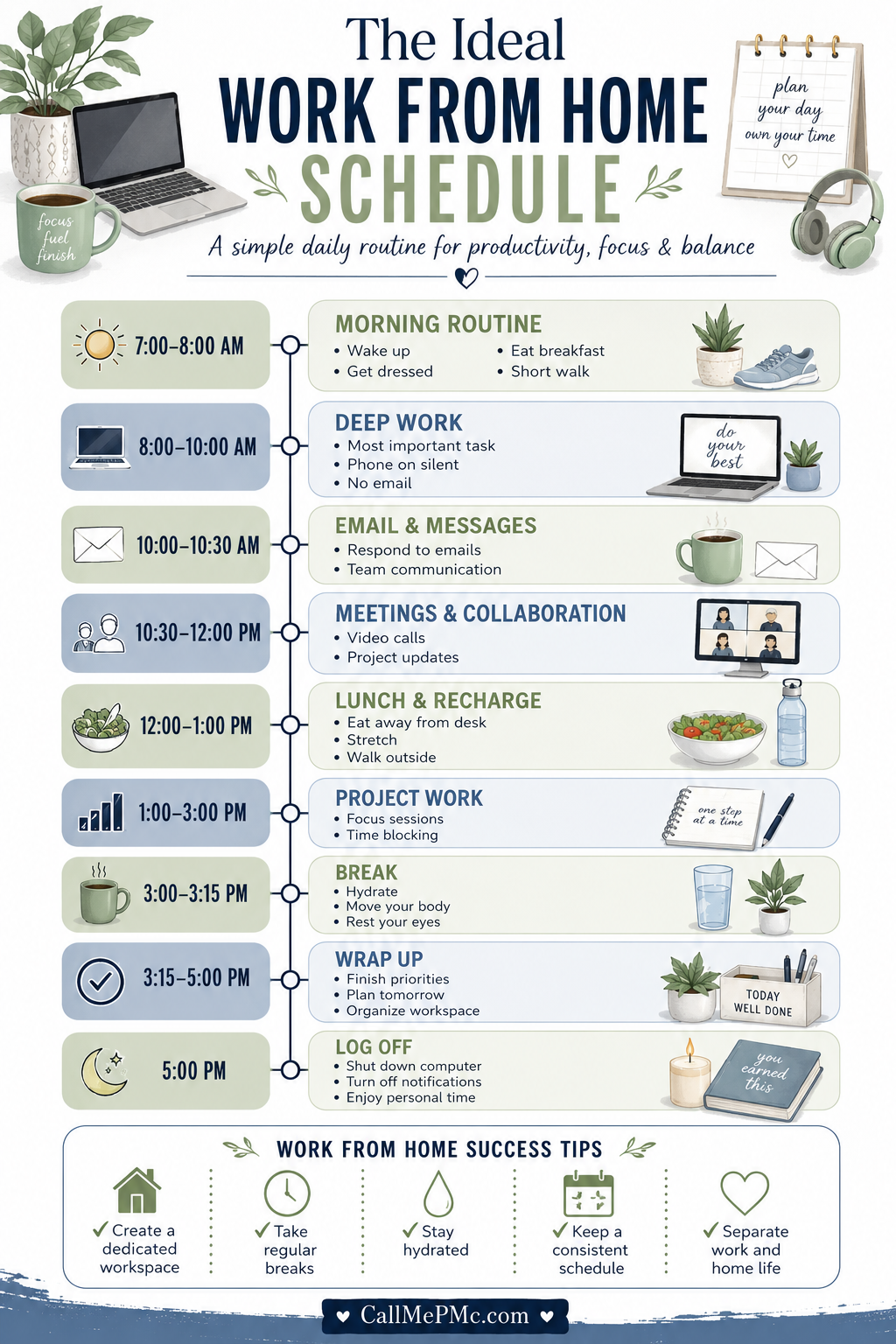 Infographic showing an ideal work-from-home schedule with time blocks for routines, focused work, meetings, lunch, breaks, project work, planning, and success tips on how to successfully work from home—such as creating a dedicated workspace and keeping a consistent schedule.