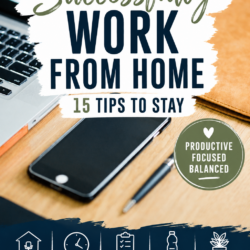 Laptop, smartphone, notebook, and pen on a desk with text overlay: “How to Successfully Work From Home: 15 Tips to Stay Productive, Focused, Balanced.” Learn how to successfully work from home with helpful tips icons and an encouraging “You can do this!” at the bottom.