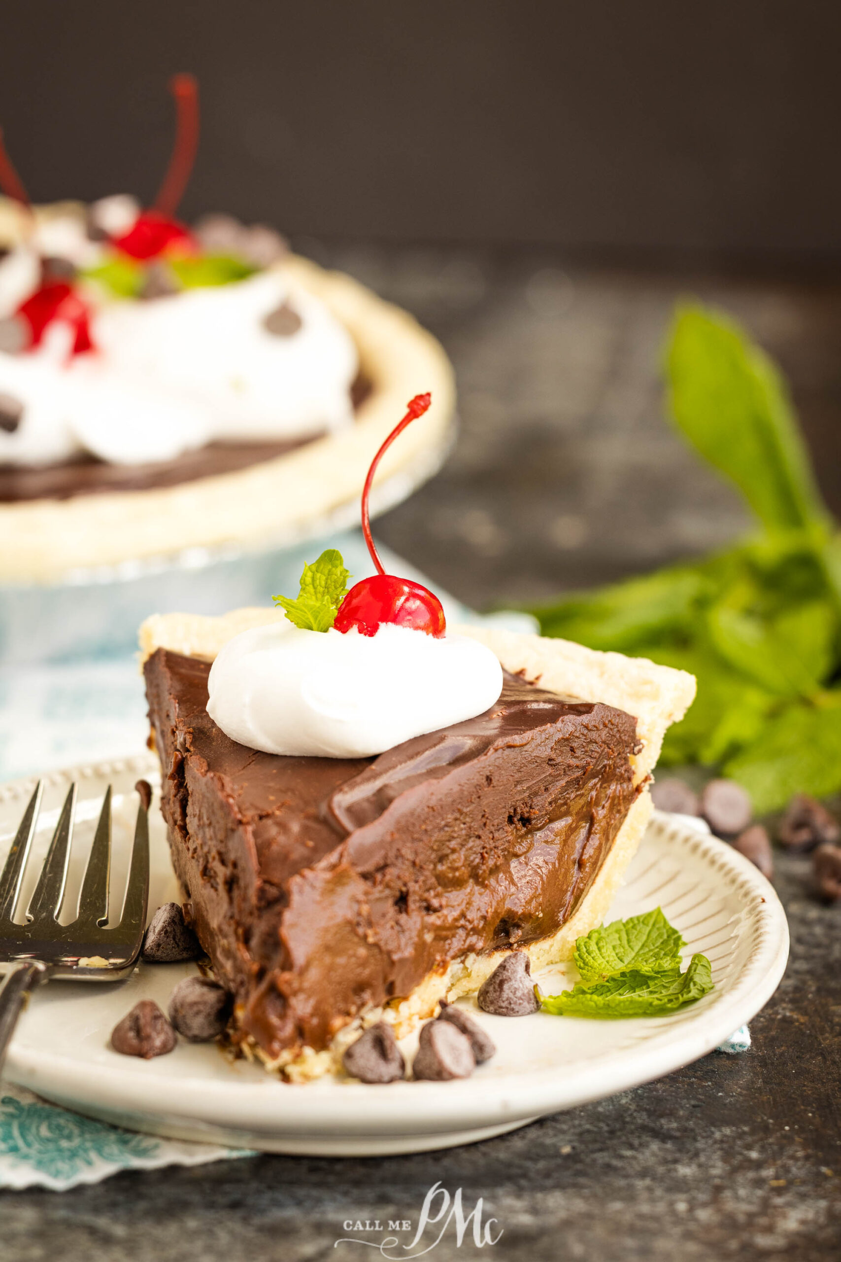 A slice of chocolate pie topped with whipped cream, a cherry, and a mint leaf sits on a plate surrounded by chocolate chips, with a fork beside it and more pie in the background.