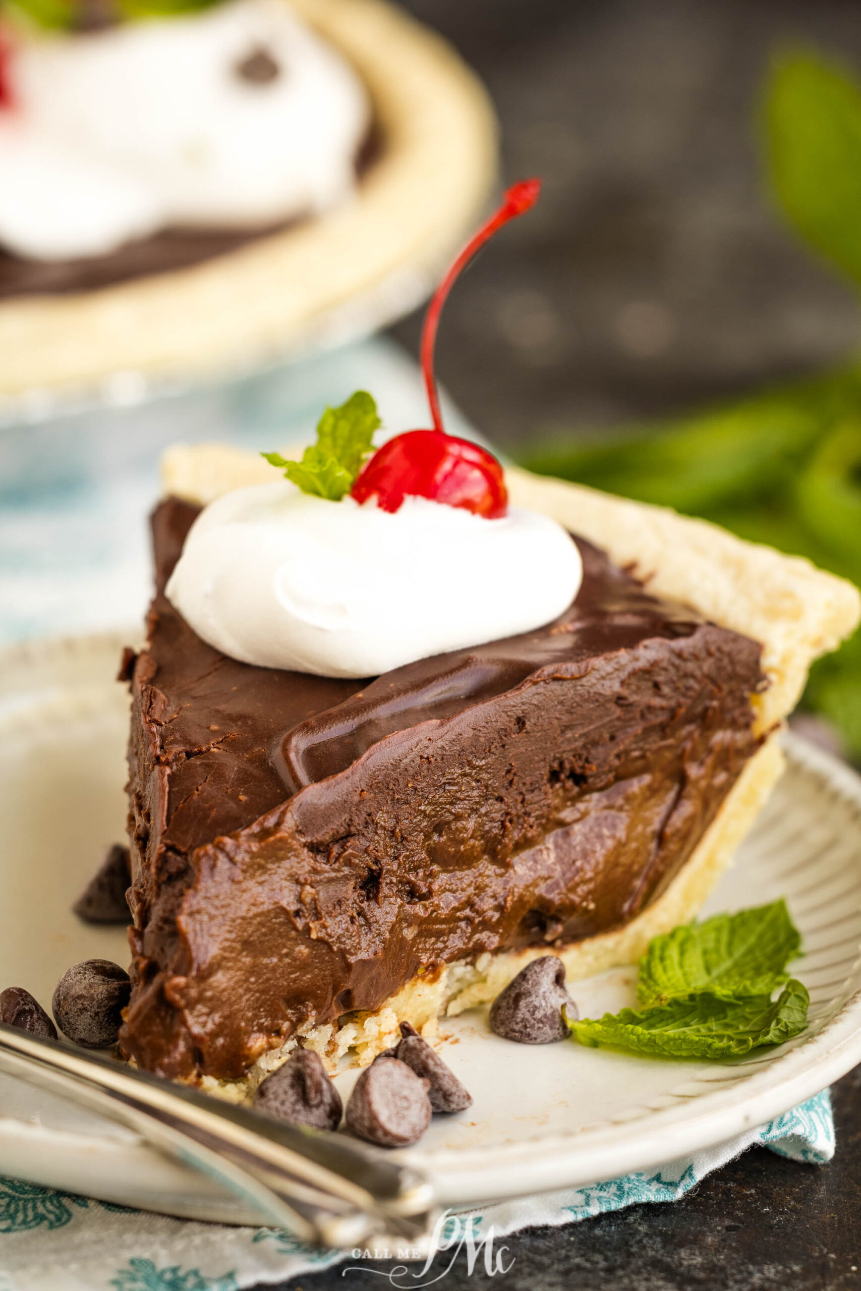 A slice of rich chocolate pie topped with whipped cream and a cherry, garnished with fresh mint and chocolate chips, sits on a plate with a fork.