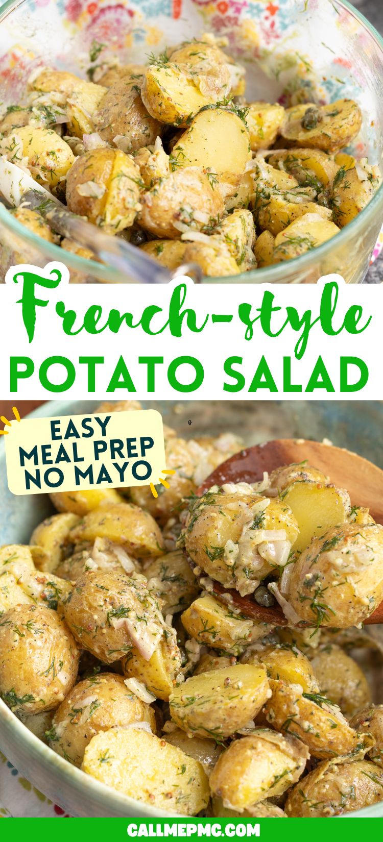 Bowl of Classic French Potato Salad with fresh herbs, sliced potatoes, and onions. Text overlay reads: "Classic French-Style Potato Salad. Easy Meal Prep No Mayo." Website callmepmc.com at the bottom.