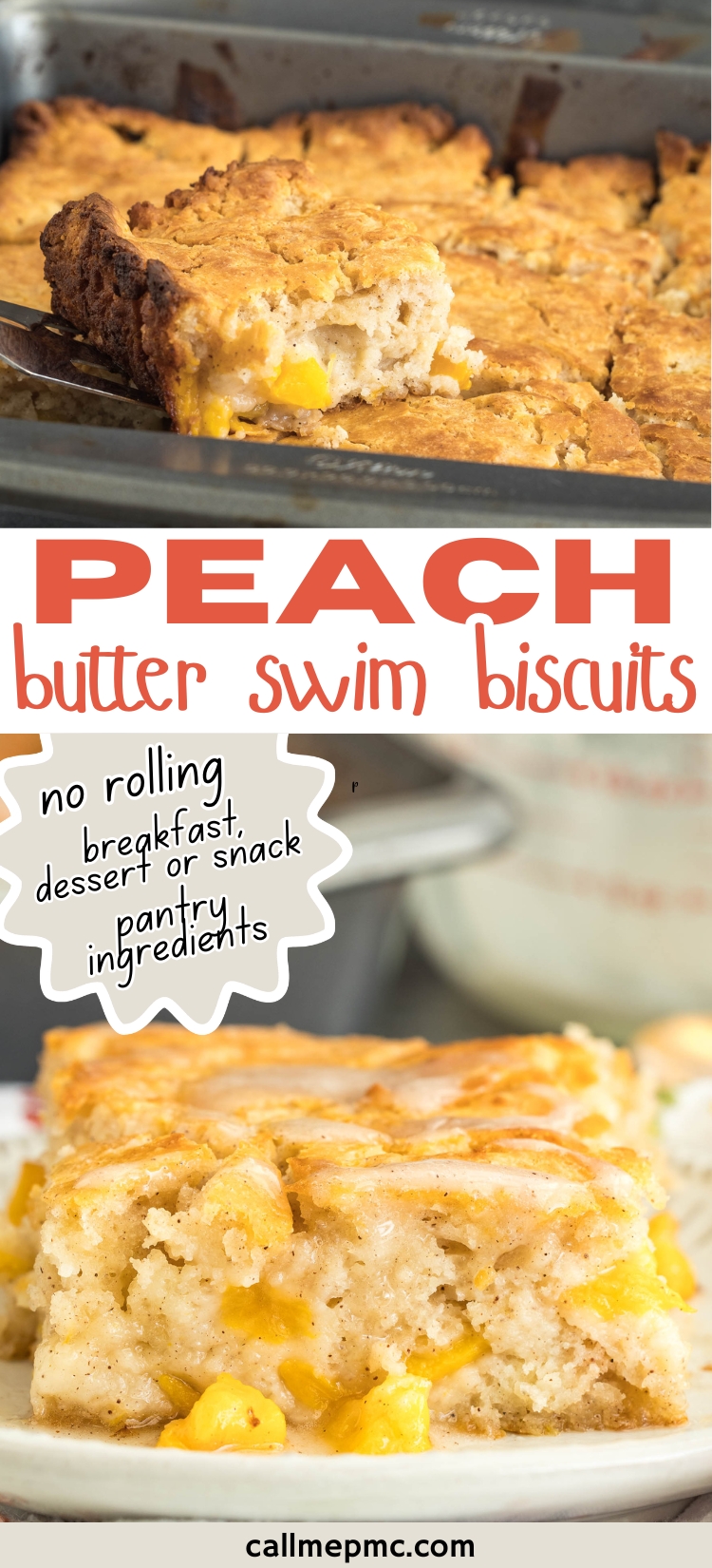 Golden peach biscuits in a pan and on a plate, with text reading "Peach Butter Swim Biscuits—no rolling, breakfast, dessert or snack, pantry ingredients." The Peach Butter Swim Biscuits have visible peach chunks and a golden crust.