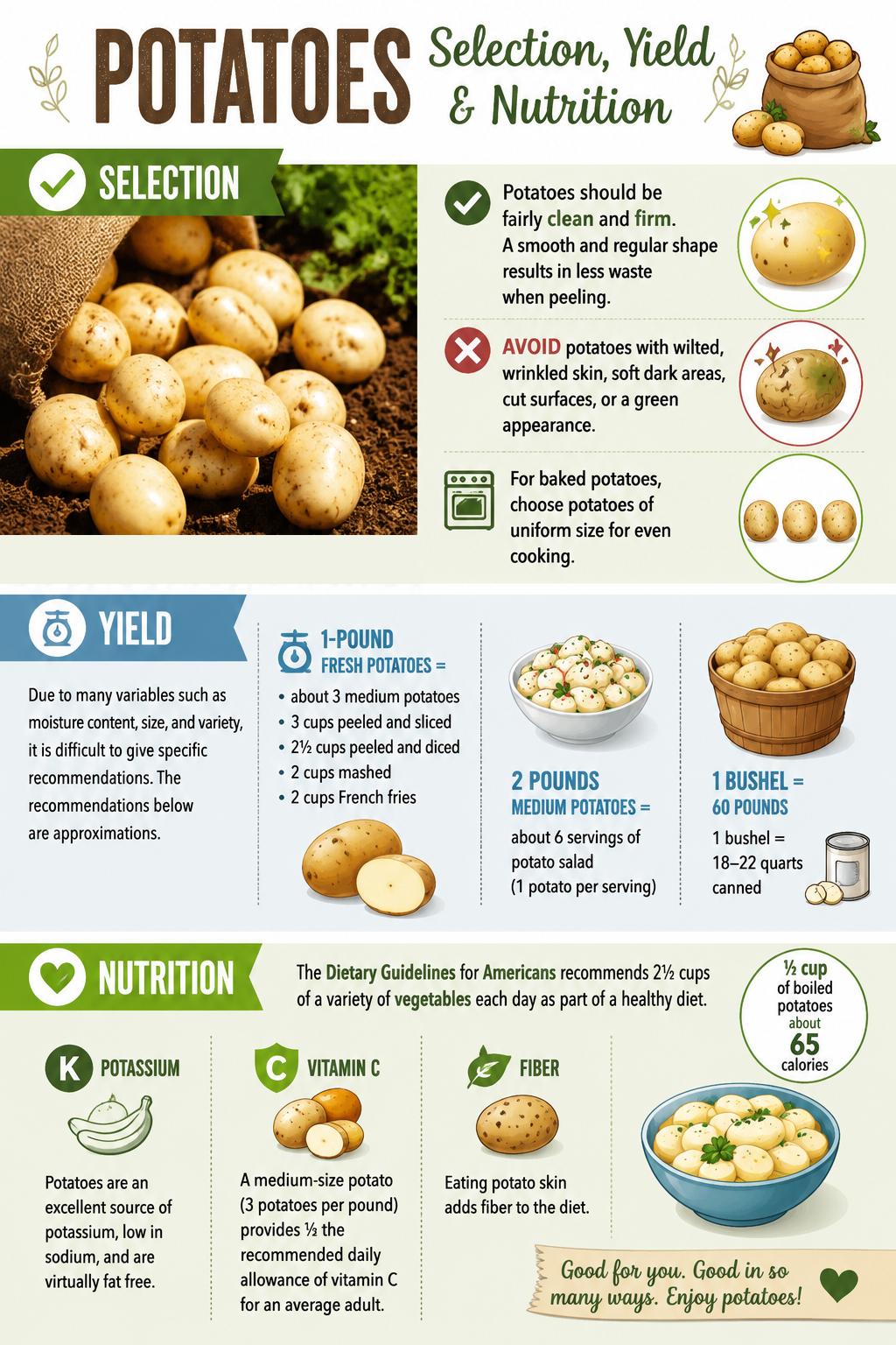 Infographic about potatoes covering selection, yield, and nutrition tips, with images of potatoes, sections on how to pick, serving sizes, and nutrients like potassium, vitamin C, and fiber. Decorative illustrations throughout. Includes a highlight on Classic French Potato Salad as a delicious way to enjoy these nutritious tubers.