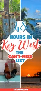 Collage of Key West scenes: a Blue Heaven sign, waterfront with boats, a rooster, and a sunset with palm trees. Text reads, “48 Hours in Key West: The Can’t-Miss List.” Capture the vibrant essence of the island during your 48 Hours in Key West with this picture-perfect collection of iconic sights and unforgettable moments.