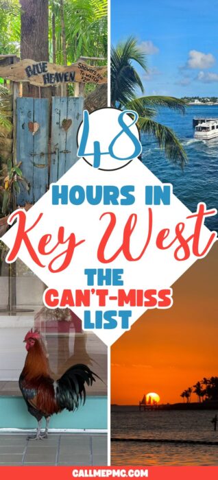Collage of Key West scenes: a Blue Heaven sign, waterfront with boats, a rooster, and a sunset with palm trees. Text reads, “48 Hours in Key West: The Can’t-Miss List.” Capture the vibrant essence of the island during your 48 Hours in Key West with this picture-perfect collection of iconic sights and unforgettable moments.