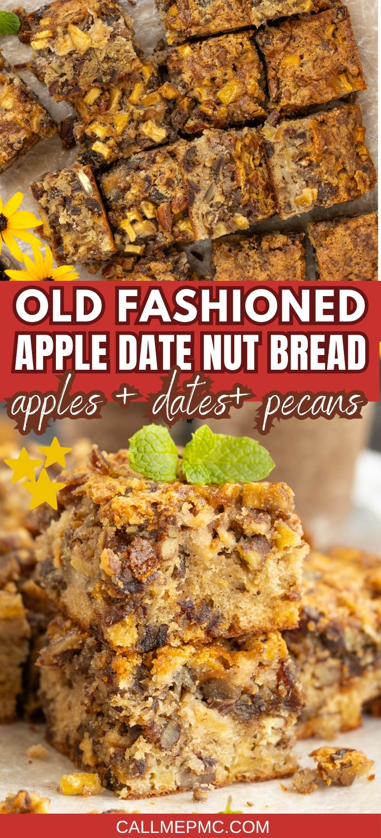 Close-up of sliced apple date nut bread with visible apple chunks, nuts, and dates. The text highlights apples, dates, pecans, and describes it as “old fashioned apple date nut bread,” showcasing the classic flavors and hearty texture of this timeless treat.