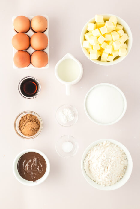 Top-down view of baking ingredients for a Chocolate Ombre Pound Cake: eggs, cubed butter, milk, vanilla extract, cocoa powder, hazelnut spread, sugar, flour, baking powder, and salt—all arranged in separate bowls on a light surface.